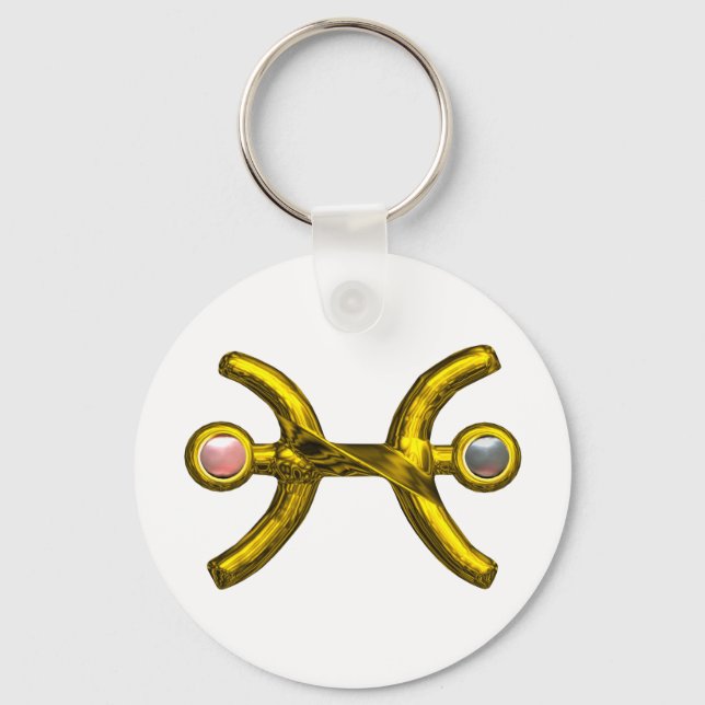 PISCES Gold Zodiac Birthday Sign,White Pink Pearls Key Ring (Front)