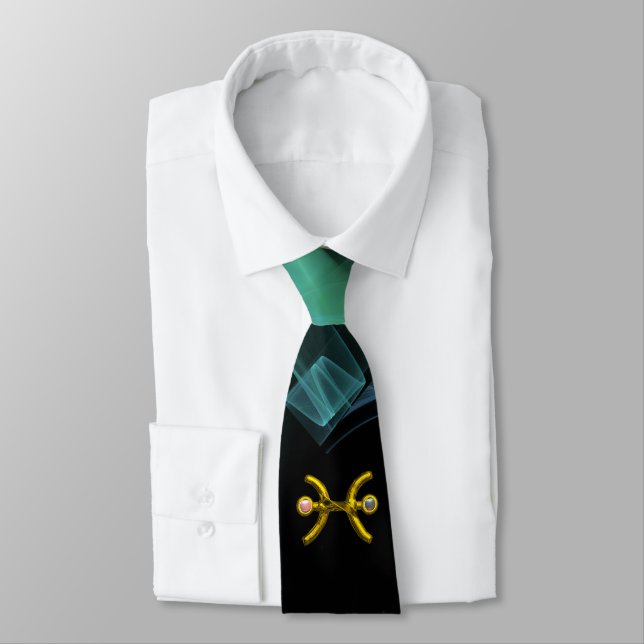 PISCES GOLD ZODIAC SIGN ,BLUE GREEN FRACTAL SWIRLS TIE (Tied)