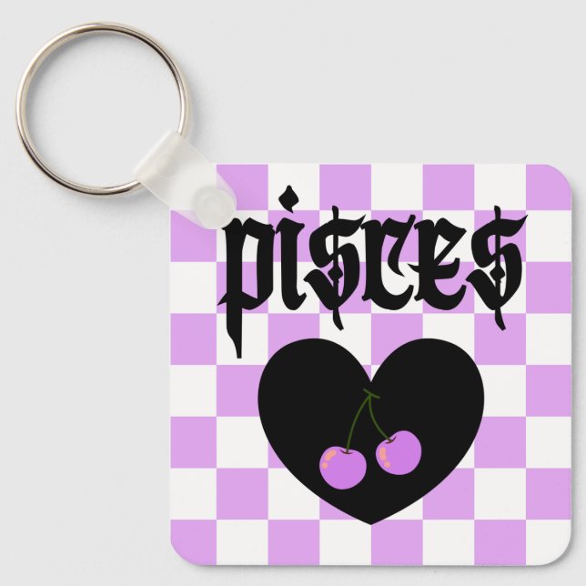 Pisces Gothic Aesthetic Chequered Cherry Design Key Ring (Front)