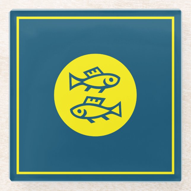 Pisces Horoscope Yellow Blue Modern Minimalist Glass Coaster (Front)
