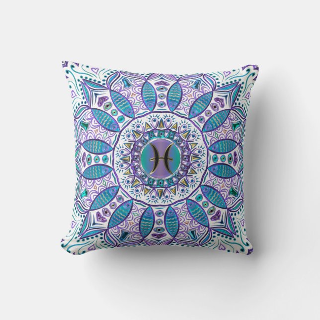 Pisces Mandala in Turquoise and Purple Cushion (Front)