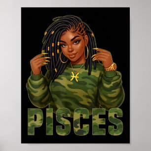 Pisces Queen Locd Black Woman Camo Zodiac Sign