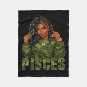 Pisces Queen Locd Black Woman Camo Zodiac Sign Fleece Blanket