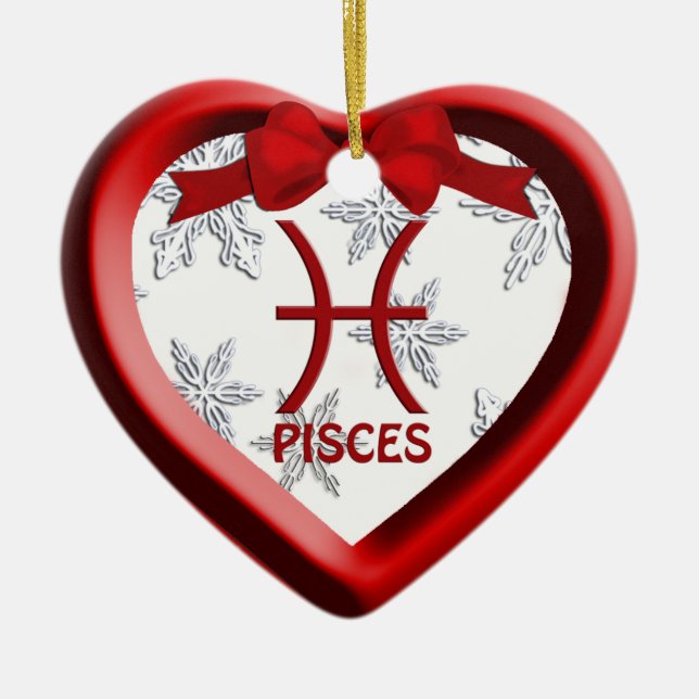 Pisces Red Heart Snowflake Christmas Ornament (Front)