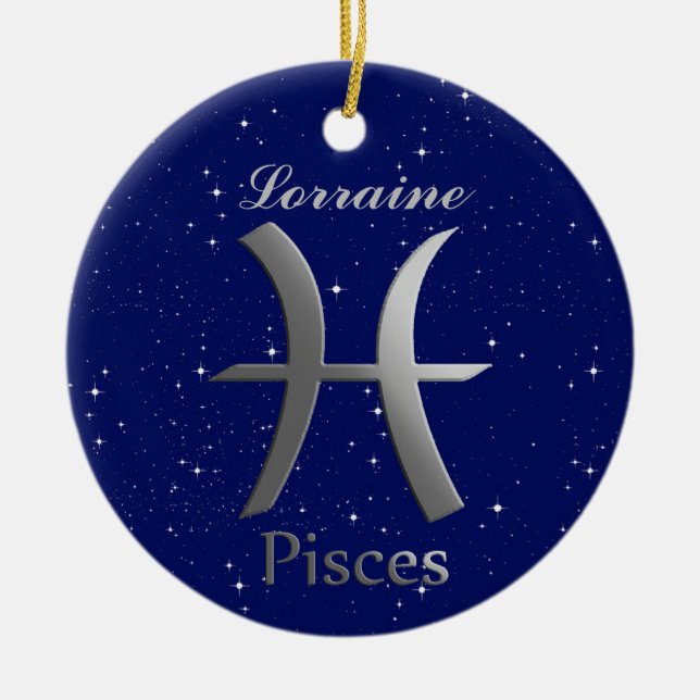 Pisces Sun Sign Symbol with Name Ceramic Ornament (Front)