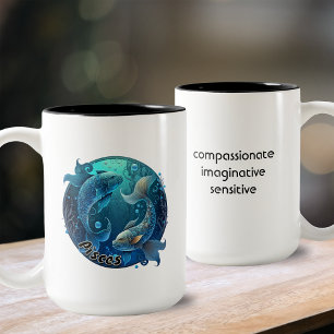 Pisces Teal and Black Watercolor Zodiac Two-Tone Coffee Mug
