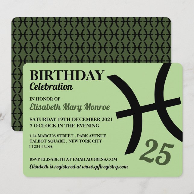 Pisces, The Fish, Zodiac Star Sign, Birthday Invitation (Front/Back)