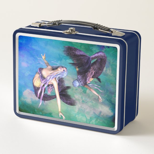 Pisces – Two Mermaids Swimming in a Loop Metal Lunch Box (Front)