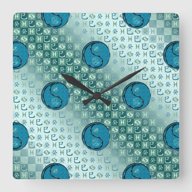 Pisces & Water Snake Square Wall Clock (Front)