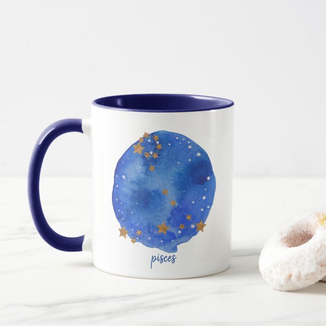 Pisces Watercolor Night Sky Constellation Zodiac Mug (With Donut)