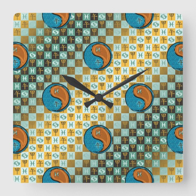Pisces & Wood Horse Square Wall Clock (Front)