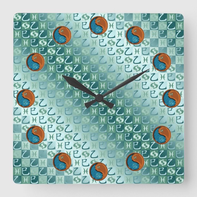 Pisces & Wood Snake Square Wall Clock (Front)