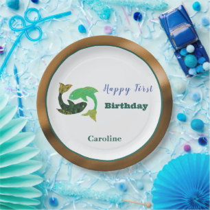 Pisces Zodiac 1st Birthday Gold & Green Artistic Paper Plate
