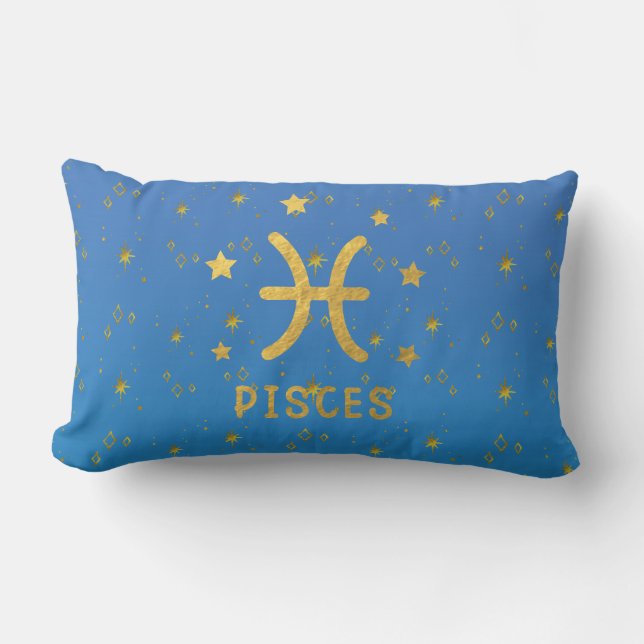 Pisces Zodiac Blue and Gold Lumbar Pillow (Front)