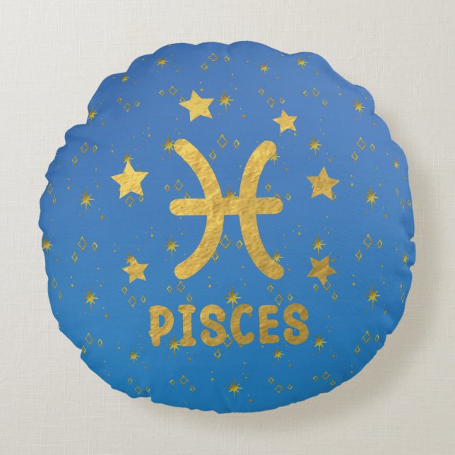 Pisces Zodiac Blue and Gold Round Pillow (Front)