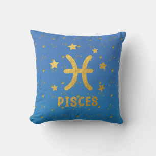 Pisces Zodiac Blue and Gold Throw Pillow