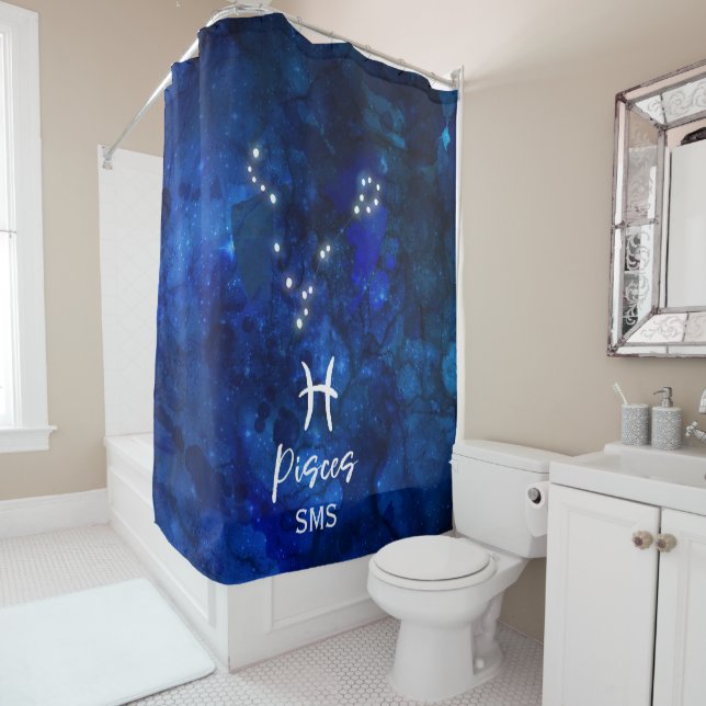Pisces Zodiac Constellation Blue Galaxy Monogram Shower Curtain (In Situ)