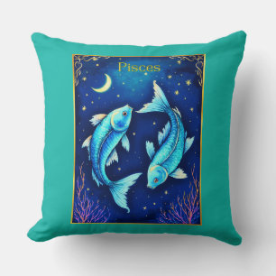 Pisces Zodiac Fish Swimming in Cosmic Waters Cushion