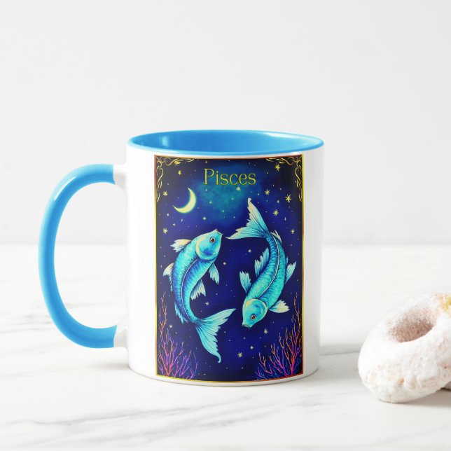 Pisces Zodiac Fish Swimming in Cosmic Waters Mug (With Donut)
