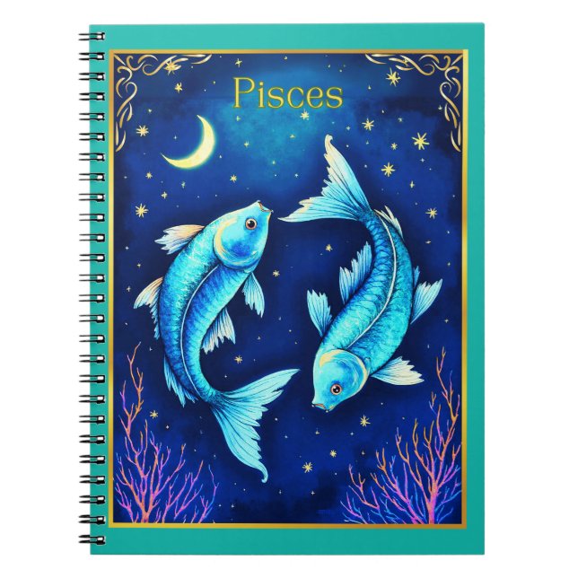 Pisces Zodiac Fish Swimming in Cosmic Waters Notebook (Front)