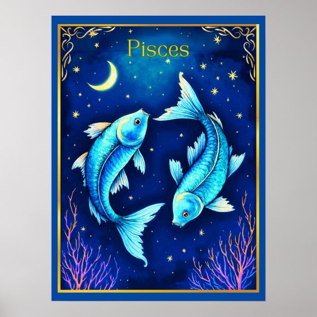 Pisces Zodiac Fish Swimming in Cosmic Waters Poster (Front)