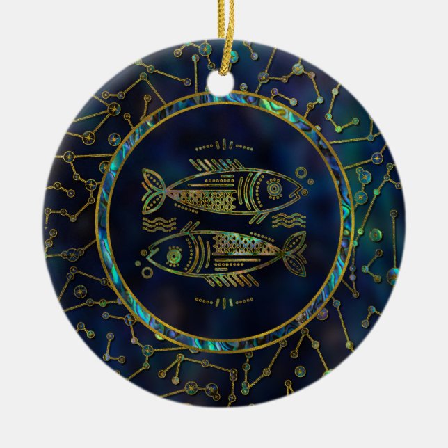 Pisces Zodiac Gold Abalone on Constellation Ceramic Ornament (Front)