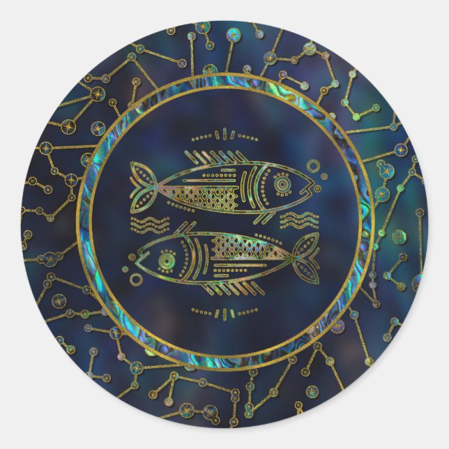 Pisces Zodiac Gold Abalone on Constellation Classic Round Sticker (Front)