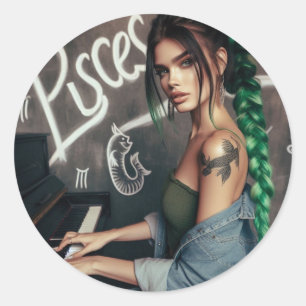 Pisces Zodiac Musician Piano Classic Round Sticker