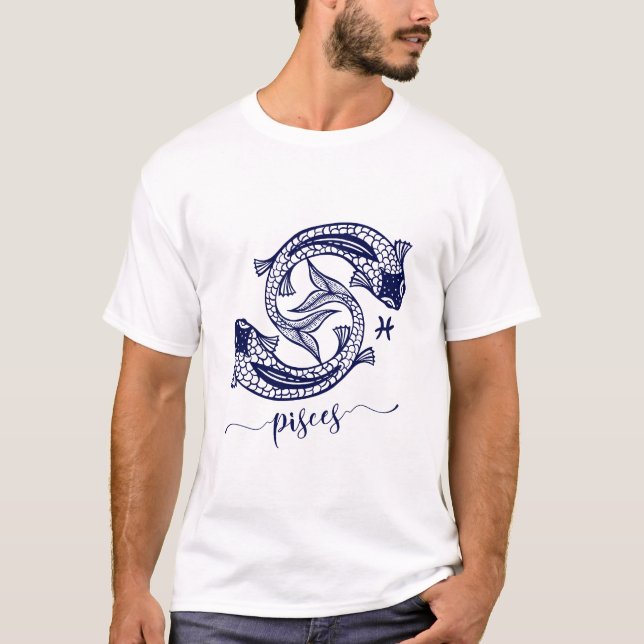Pisces Zodiac Navy Blue Monochrome Graphic T-Shirt (Front)
