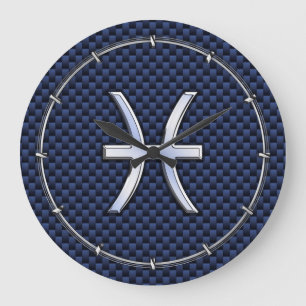 Pisces Zodiac on Blue Carbon Fibre Print Large Clock