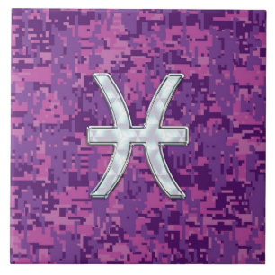 Pisces Zodiac on Fuchsia Pink Digital Camouflage Ceramic Tile