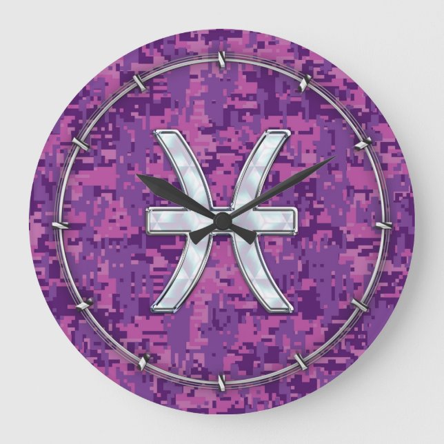 Pisces Zodiac on Fuchsia Pink Digital Camouflage Large Clock (Front)