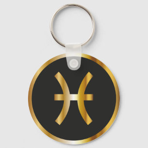 Pisces Zodiac Sign, Black & Gold Keychain