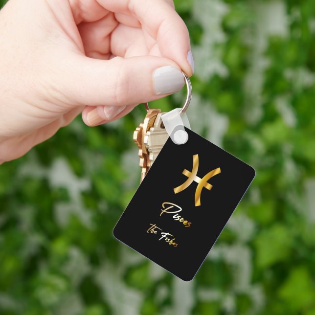 Pisces Zodiac Sign, Black & Gold Keychain (Hand)