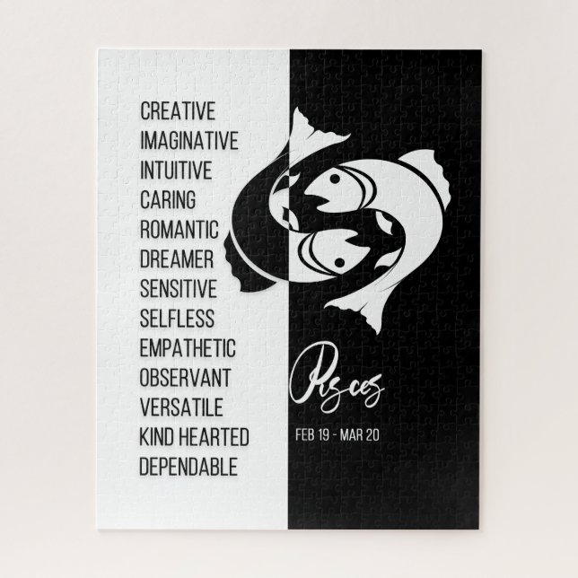 Pisces Zodiac Sign, Black & White Jigsaw Puzzle (Vertical)