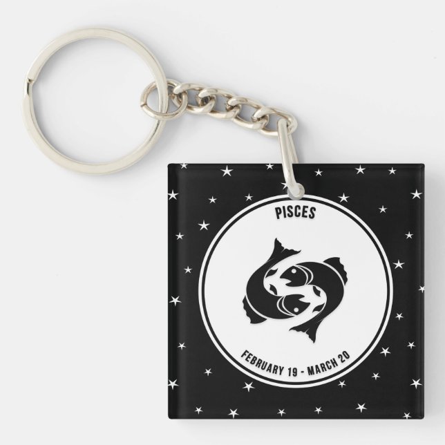 Pisces Zodiac Sign, Black & White Keychain (Front)