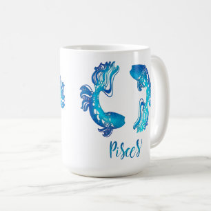 Pisces zodiac sign bright light blue glitter fish coffee mug