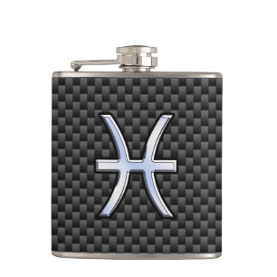 Pisces Zodiac Sign in Carbon Fibre Style Hip Flask