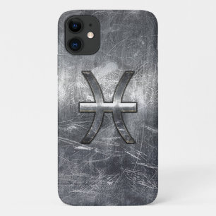 Pisces Zodiac Sign in Grunge Silver Steel Style iPhone 11 Case