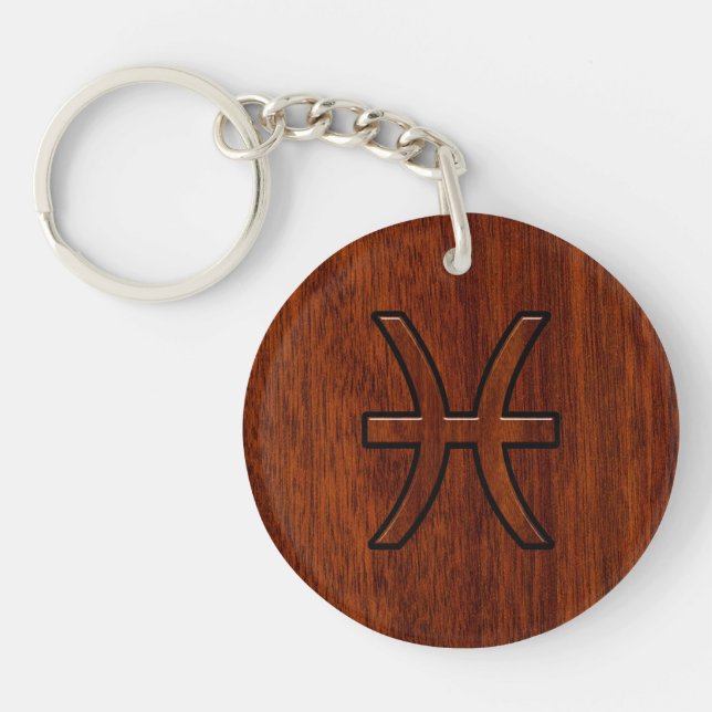 Pisces Zodiac Sign in Mahogany wood style Key Ring (Front)