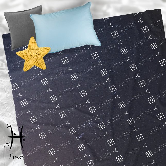 Pisces Zodiac Sign Name Constellation Astrology Fleece Blanket (Pisces Zodiac Sign Symbol Personalized Repeating Name Seamless Pattern Starry Night Sky Moon 
)