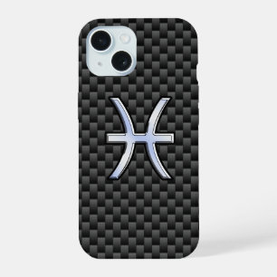 Pisces Zodiac Sign on Carbon Fiber Print iPhone 15 Case