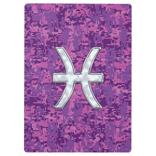Pisces Zodiac Sign on Fuchsia Digital Camo Clipboard (Back)