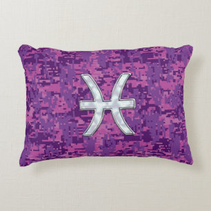 Pisces Zodiac Sign on Fuchsia Digital Camo Decorative Cushion