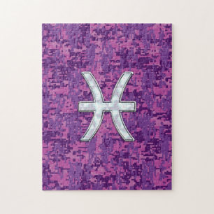 Pisces Zodiac Sign on Fuchsia Digital Camo Jigsaw Puzzle