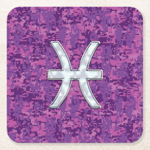 Pisces Zodiac Sign on Fuchsia Digital Camo Square Paper Coaster