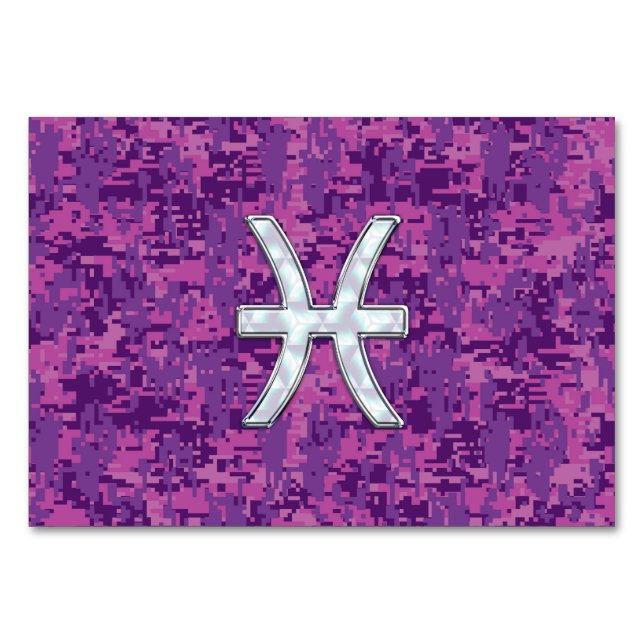 Pisces Zodiac Sign on Fuchsia Digital Camo Table Number (Front)
