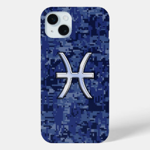 Pisces Zodiac Sign on Navy Blue Digital Camo iPhone 15 Mini Case