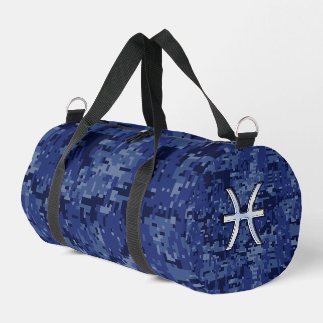Pisces Zodiac Sign on Navy Blue Digital Camouflage Duffle Bag (Left Corner)