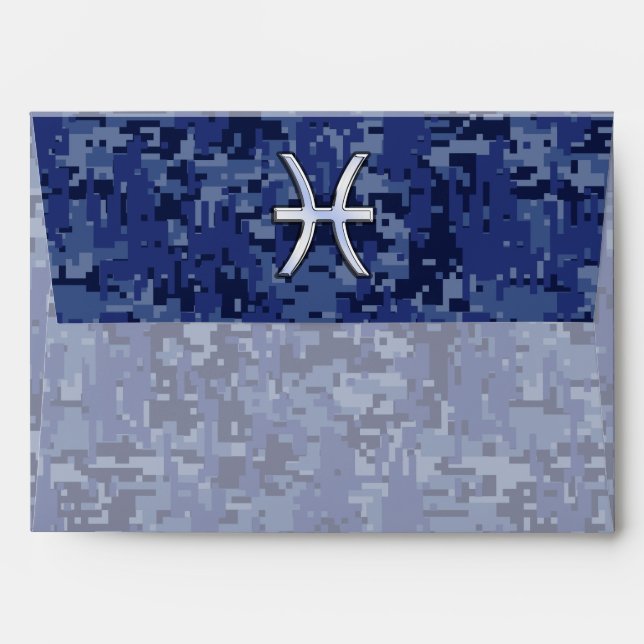 Pisces Zodiac Sign on Navy Blue Digital Camouflage Envelope (Back (Top Flap))
